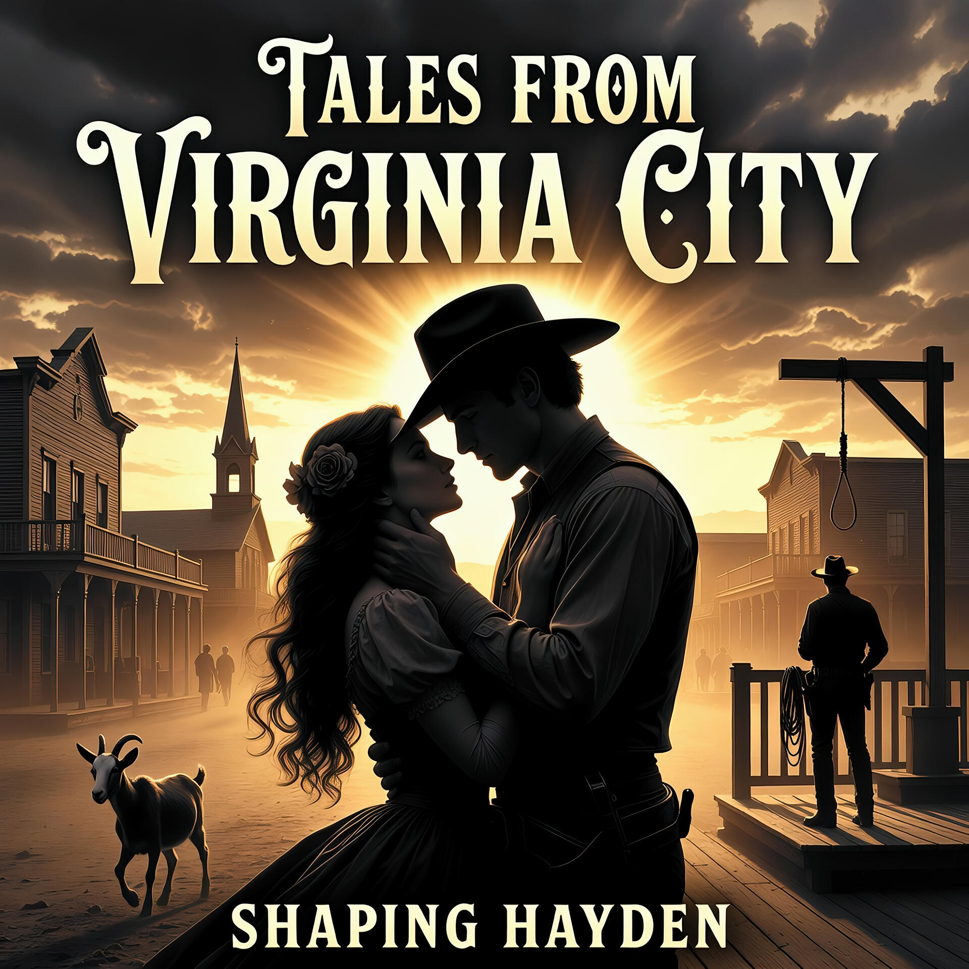 Shaping Hayden Tales From Virginia City album cover artwork showing Duke Monroe and Rose Delany in Virginia city - sheriff Harlan Mercer in the background with his gallows